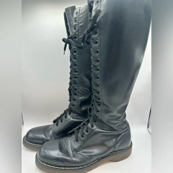 Vintage Dr Martens 1420 20 hole black knee high leather boots England m 8 W 9 - Picture 9 of 13